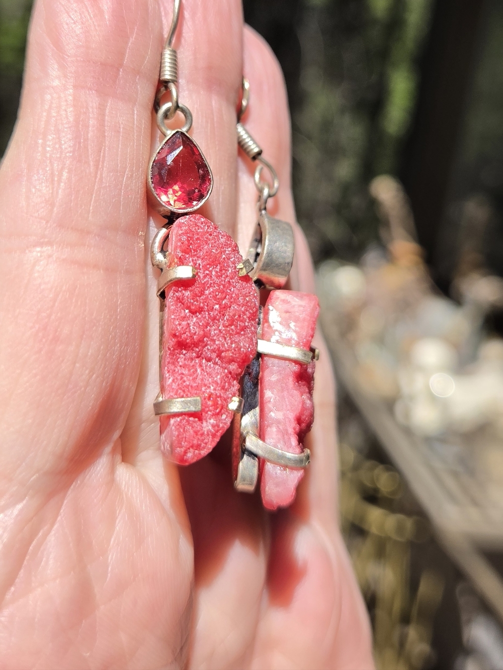 Vibrant Pink Druzy Drop Sterling Earrings with Faceted Garnet Accent - Picture 6 of 8